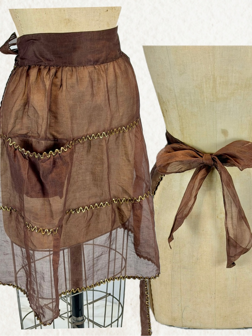 VINTAGE 60s hostess apron brown sheer chiffon metallic gold tie back kitchen 50s